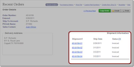 Shipment Status on Order Details page in Recent Orders