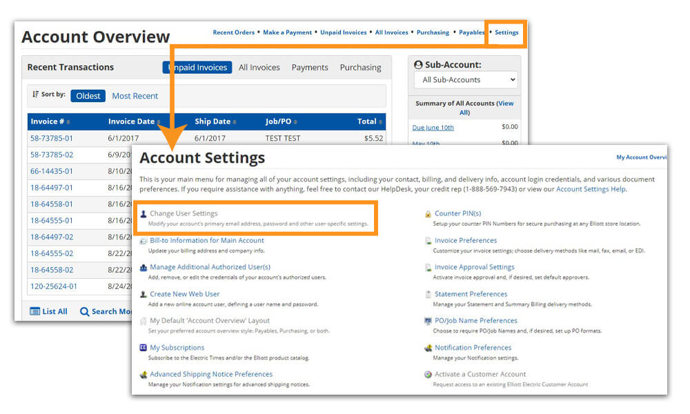  Account settings for changing settings
