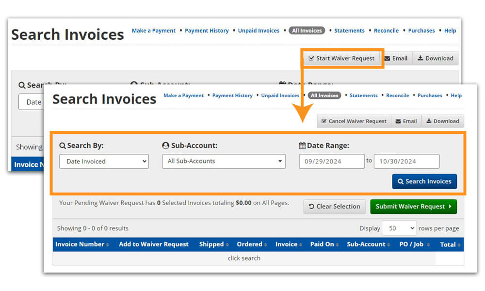 Start waiver request and search invoices